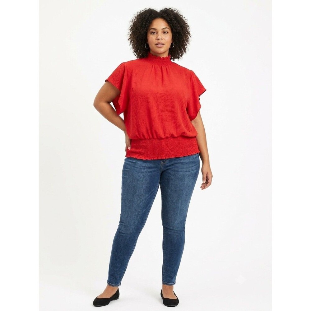 Love Women's Red Smocked Neck Ruffle Flutter Short Sleeve Blouse New 1X (14/16)